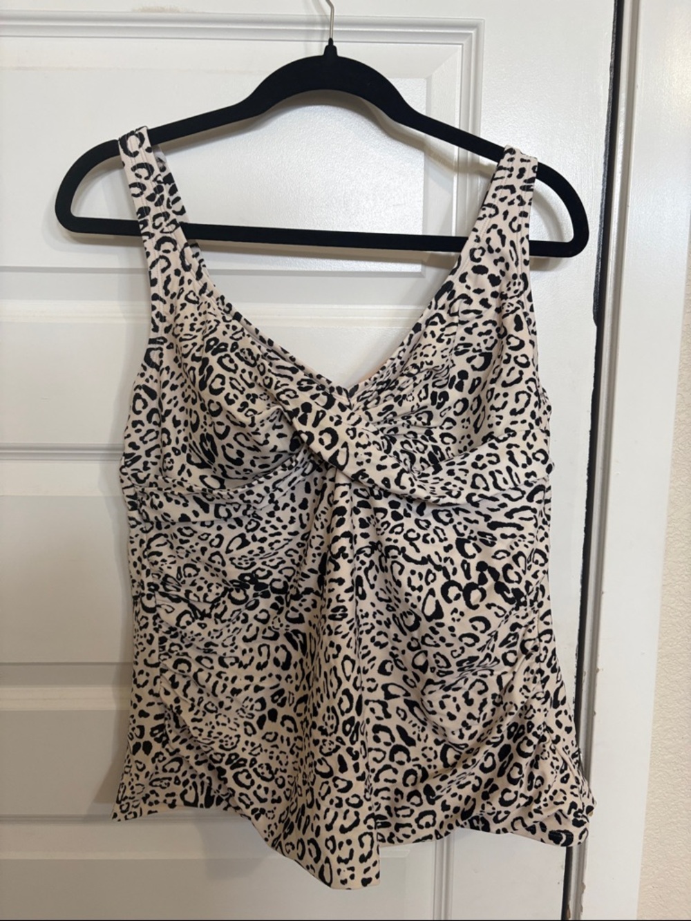 Kona Sol Leopard Print Twist Front Bathing Suit Top - Cream & Black